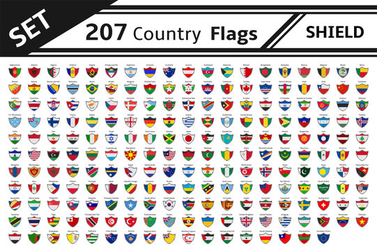 set 207 countries flags shield shape