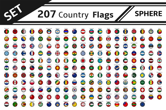 set 207 countries flags sphere shape