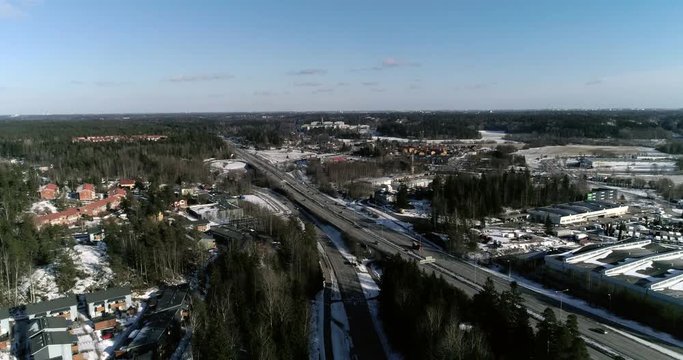 Keh&auml; 3, Cinema 4k aerial view on route keha 3, just outside Espoo, in Uusimaa, Finland