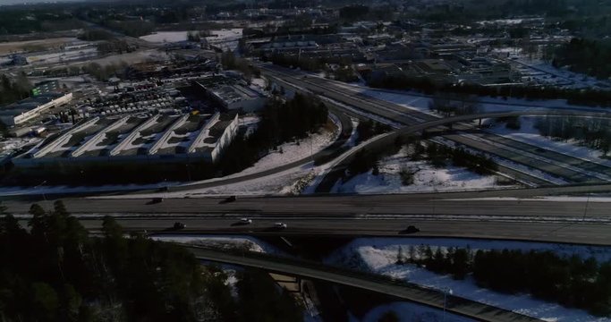 Keh&auml; 3 espoo, Cinema 4k aerial pan view on route keha 3 crossing over highway E18, just outside Espoo, in Uusimaa, Finland