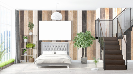 Modern bright interior with empty frame . 3D rendering