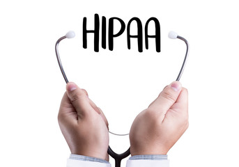 HIPAA Professional doctor use computer and medical equipment all around, desktop top view