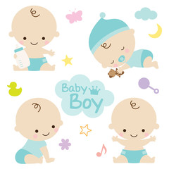 Fototapeta na wymiar Vector illustration of baby boy with cute graphic elements. Perfect for baby shower. 