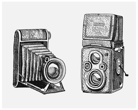 Photo camera set vintage, engraved hand drawn in sketch or wood cut style, old looking retro lens, isolated vector realistic illustration