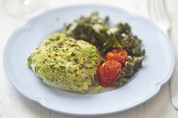 Cod with parsley crumb kale and cherry tomatoes