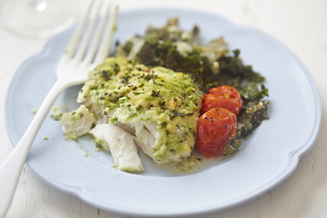 Cod with parsley crumb kale and cherry tomatoes