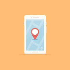 White smartphone with map and location marker showing on the screen vector illustration in flat style