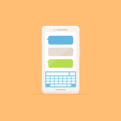 White smartphone showing blank chat message bubbles on the screen vector illustration in flat style