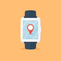 Smart watch with map and location marker vector illustration in flat style