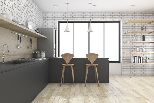 3d rendering black kitchen with shelf and decor