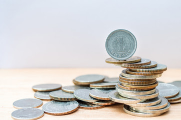 Yen coin on other coins pile for finance and business concept, Selected focus. (Macro with blur and...