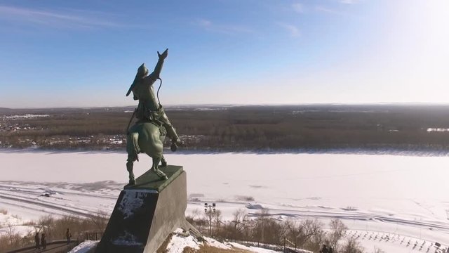 Monument to Salavat Yulaev in Ufa at winter aerial view