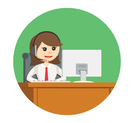 call center woman with her work desk in circle background