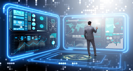 Man pressing virtual button in data mining concept