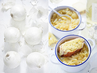 Diptych onion and French onion soup with croutons 