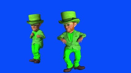 Animation of Hipster St Patrick Leprechaun dancing and gesturing  on chromakey blue screen