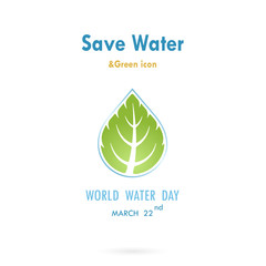 Water drop with leaf icon vector logo design template.World Water Day idea campaign for greeting card and poster.