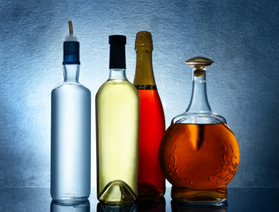 Different bottles of wine and spirits on color background