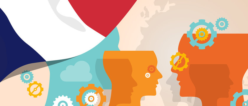 France concept of thinking growing innovation discuss country future brain storming under different view represented with heads gears and flag