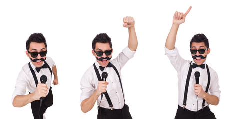 Funny man with mic isolated on white