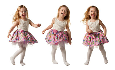 Cute little girl runniing with joy isolated on white background