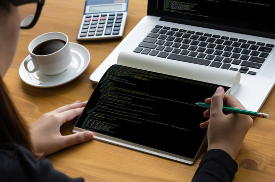 "Developer Team Working Laptop Computer Mobile Application Softwareand Web Design Online Technology Content , Web script , laptop display."