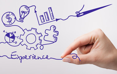 Technology, internet, business and marketing. Young business woman writing word: Experience