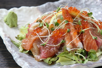 Colorful sushi salad in a dish