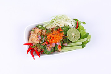 Sliced grilled beef salad , Laab Num Tok in Thai.