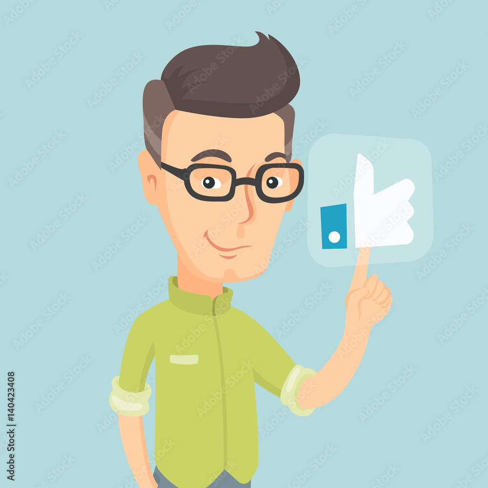 Poster man pressing like button vector illustration.