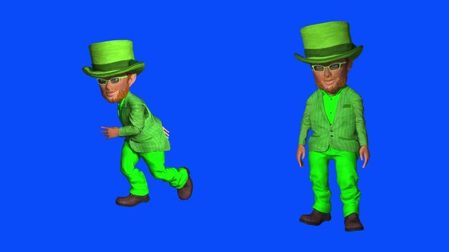 Animation of Hipster St Patrick Leprechaun dancing and gesturing  on chromakey blue screen