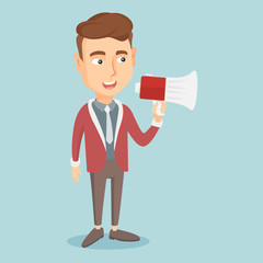 Young man speaking into megaphone.