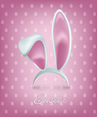 Happy Easter text with rabbit ears on pink background. Vector Easter greeting card template.