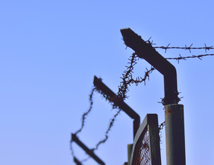 barbed wires against blue sky