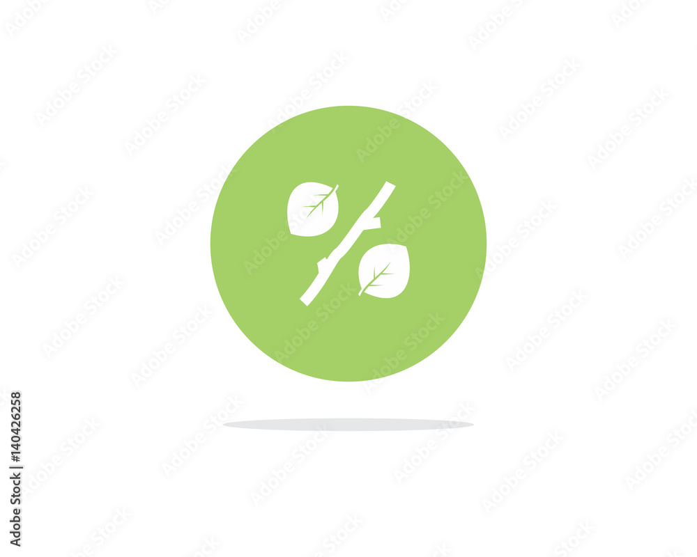 Sticker Vector green 0% text designed with a leaf and stick branch percent icon on air with shadow isolated on white background. For spring and summer sale campaigns.