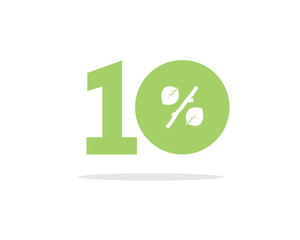 Vector green 10% text designed with a leaf and stick branch percent icon on air with shadow isolated on white background. For spring and summer sale campaigns.