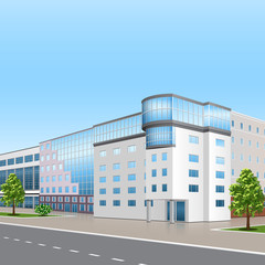 office building with the entrance and a reflection