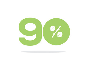 Vector green 90% text designed with a leaf and stick branch percent icon on air with shadow isolated on white background. For spring and summer sale campaigns.
