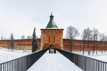 Kremlin is a fortress in the historic city center of Nizhny Novgorod in Russia. Winter.