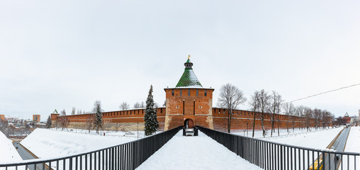 Kremlin is a fortress in the historic city center of Nizhny Novgorod in Russia. Winter.