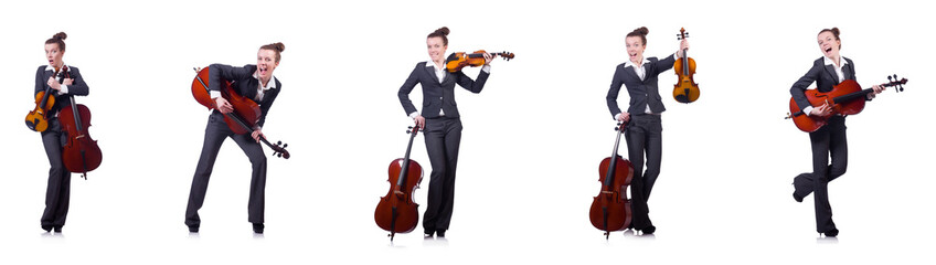 Woman fiddler isolated on white background