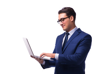 Businessman with laptop isolated on white