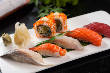 Nigiri Sushi set on a white plate