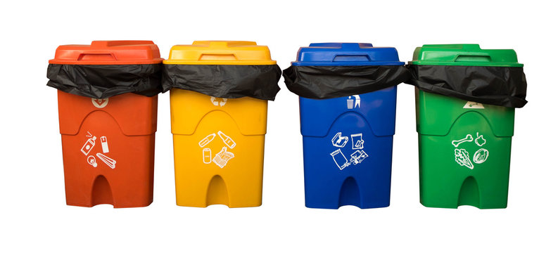 Three colorful recycle bins isolated on white background with the clipping path. Selection path.