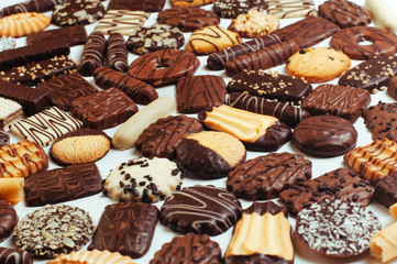 Assortment of mixed biscuits covered with chocolate