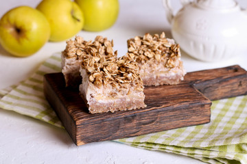 Homemade Banana Pie with apple and oat flakes