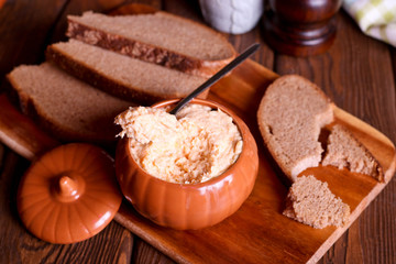 Chicken liver pate and bread, top view