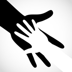 Black color big hand and white small hand concept. Help symbol hands support emblem. Hands icon illustration. Education, health care, medical, design element.