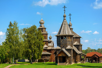 Old wooden Orthodox church in Suzdal museum of wooden architecture. Zsolt Russian ring. - obrazy, fototapety, plakaty