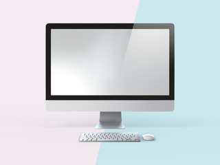 3D Illustration of Computer on Simple Pastel Pink Mint Background